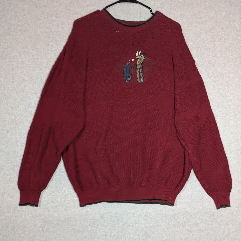 Pinnacle Sweater Mens XL Red Vintage Golf Graphic Textured Knit USA Retro 90s